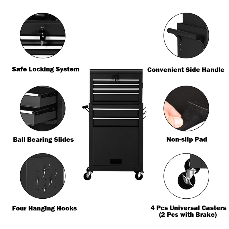 Pemberly Row 2 - 1 Rolling Cabinet Storage Chest Box Organizer w/6 Drawers Black