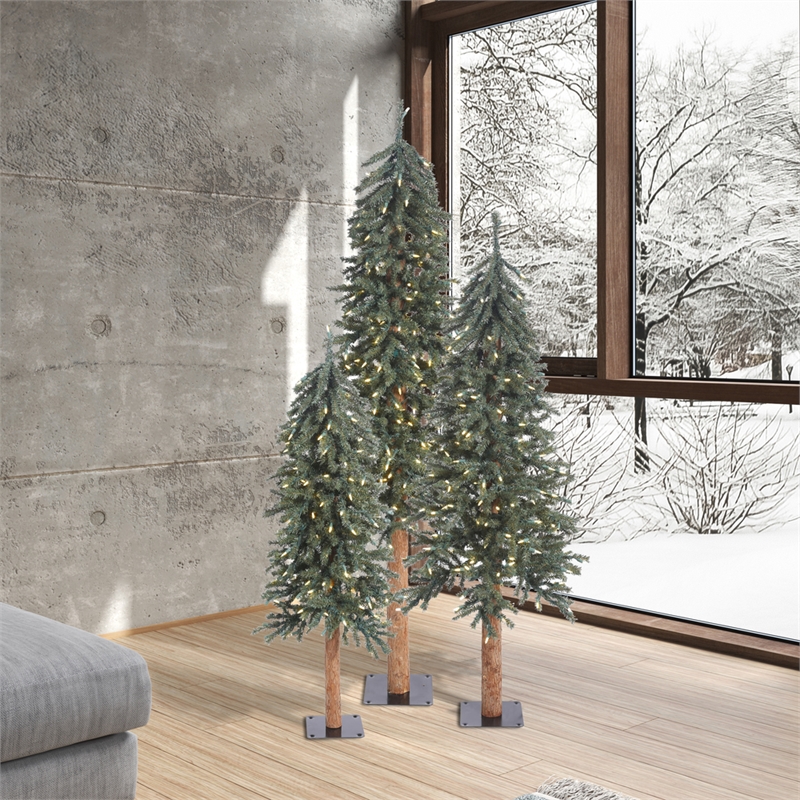 Pemberly Row 4/5/6' Alpine Artificial Christmas Tree Set with LED Lights - Green