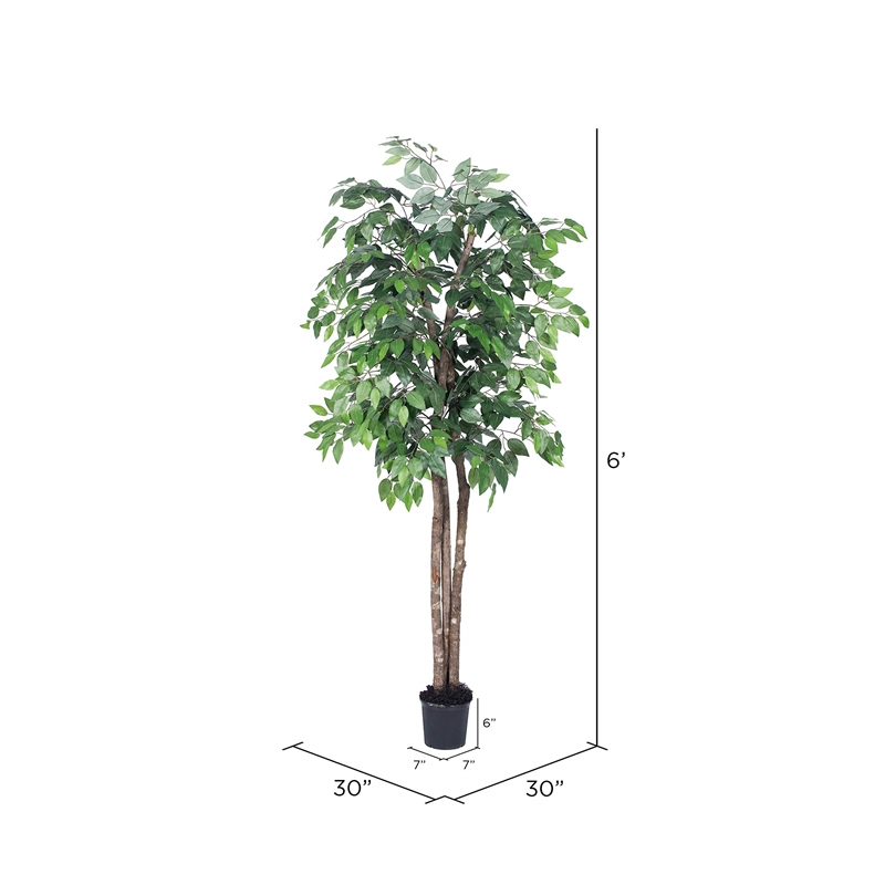Pemberly Row 6' Artificial Ficus Deluxe Tree with Black Plastic Pot in Green