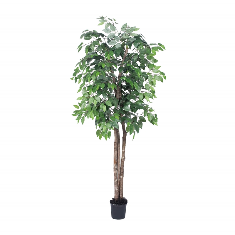 Pemberly Row 6' Artificial Ficus Deluxe Tree with Black Plastic Pot in Green