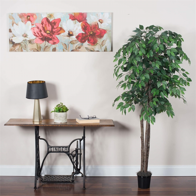 Pemberly Row 6' Artificial Ficus Deluxe Tree with Black Plastic Pot in Green