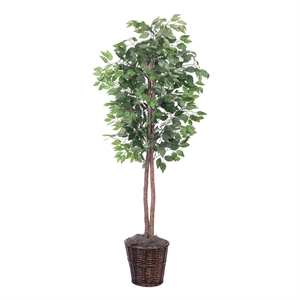 Pemberly Row 6' Artificial Ficus Tree with Rattan Basket in Dark Green