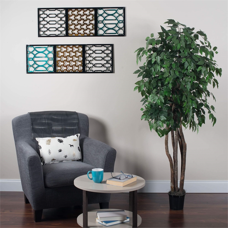 Pemberly Row 6' Artificial Ficus Executive Tree with Rattan Basket in Green