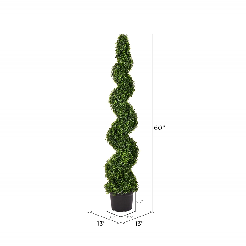 Pemberly Row 5' Plastic Artificial Potted Boxwood Spiral Tree in Green