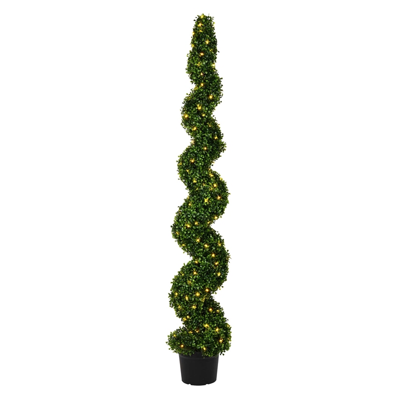 Pemberly Row 6' Plastic Artificial Potted Boxwood Spiral Tree with LED in Green