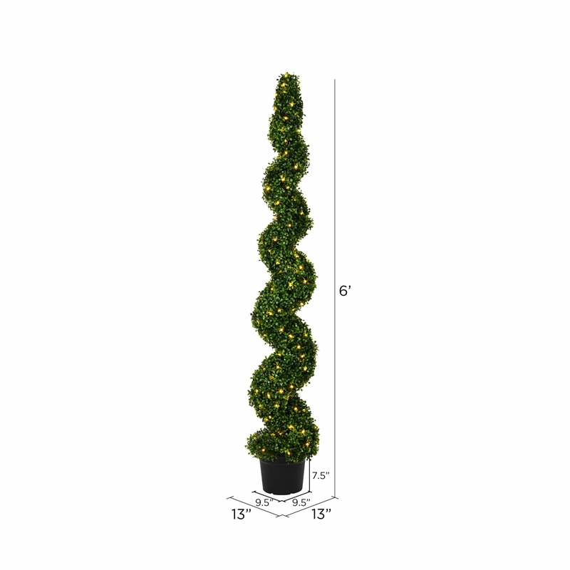 Pemberly Row 6' Plastic Artificial Potted Boxwood Spiral Tree with LED in Green