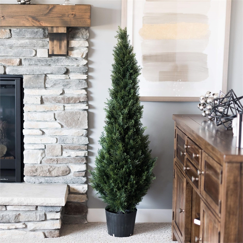 Pemberly Row 4' Contemporary Plastic Artificial Potted Cedar Tree in Green