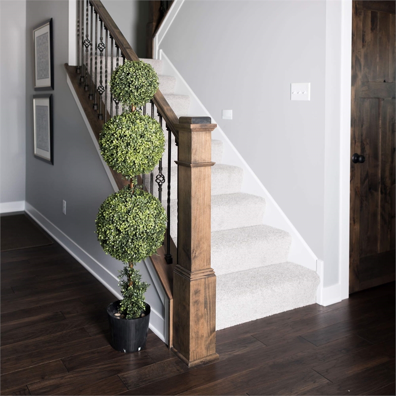 Pemberly Row 4' Plastic Artificial Triple Ball Boxwood Topiary in Green
