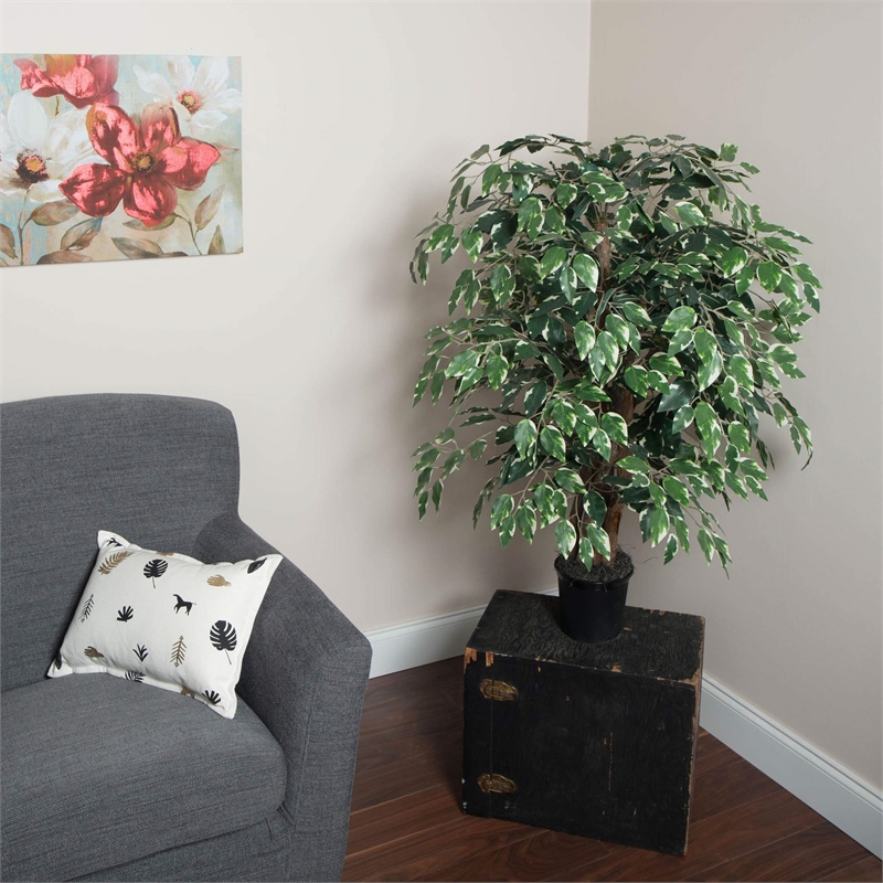 Pemberly Row 4' Artificial Variegated Extra Full Bush w/ Black Pot - Green/White