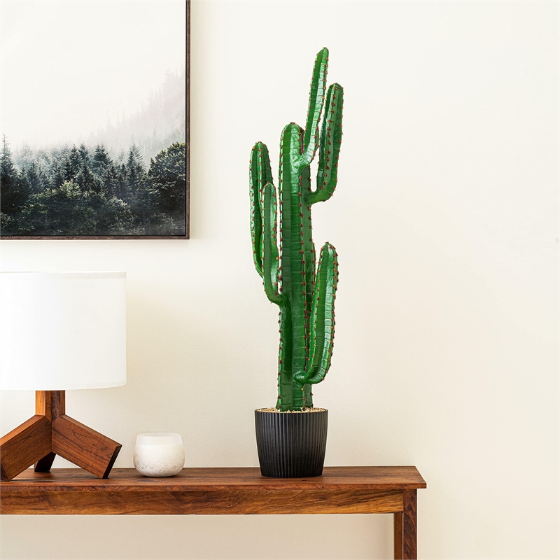 Pemberly Row Plastic Artificial Finger Cactus with Gray/Light Red Pot in Green