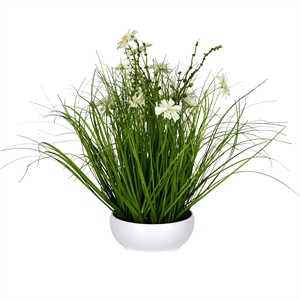 Pemberly Row 16.5&quot Fabric Artificial Potted Cosmos with Green Grass in Cream