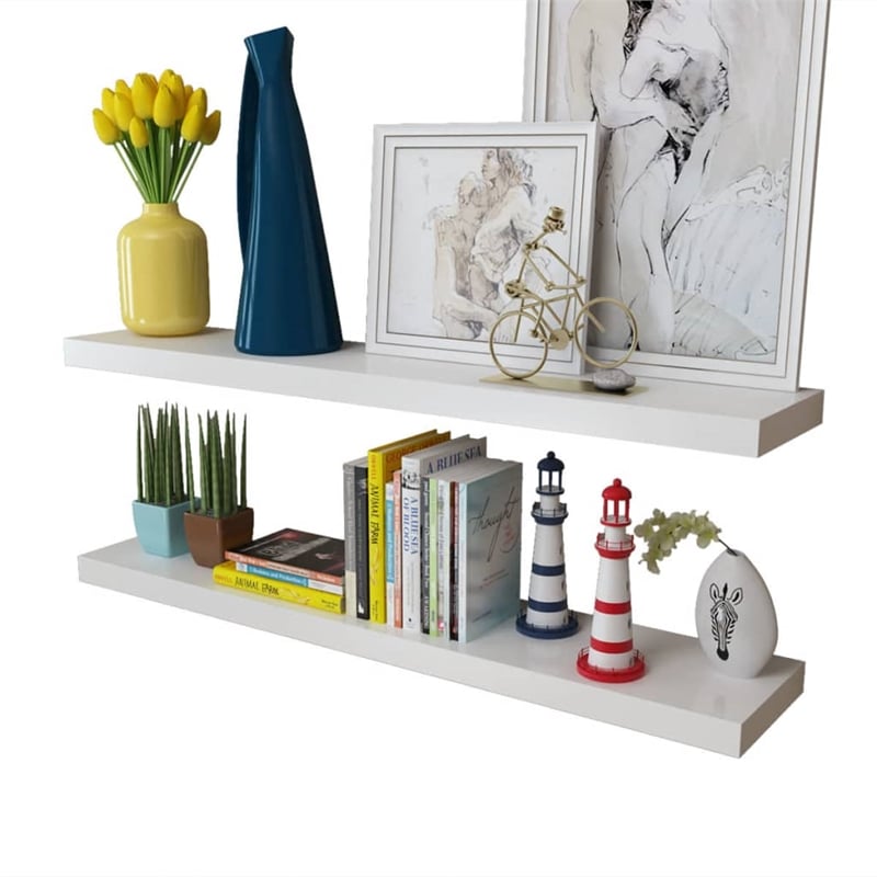 Pemberly Row Contemporary MDF Wall Shelf in White (Set of 2)
