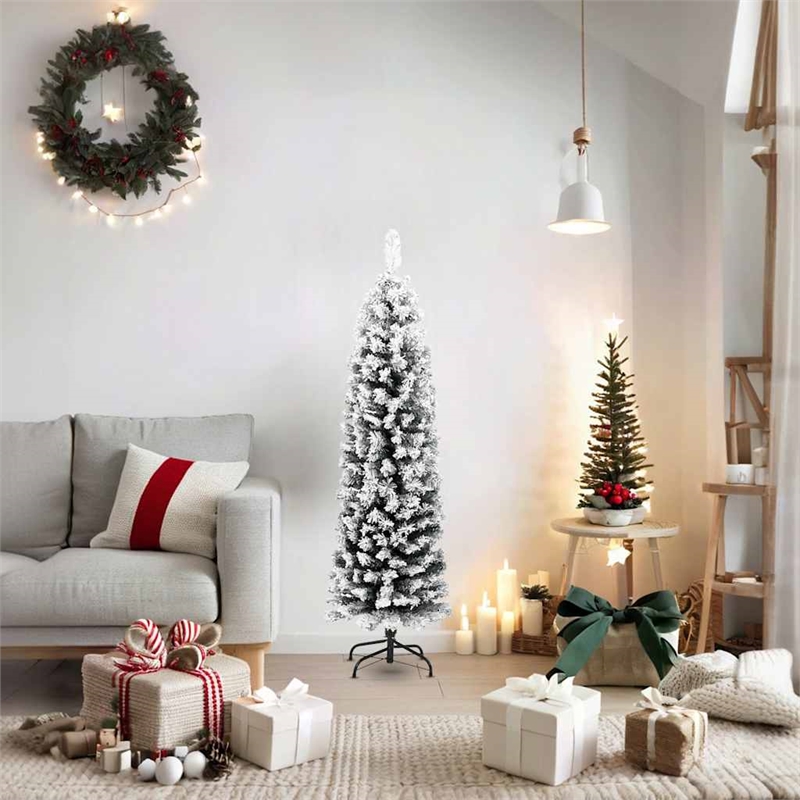 Pemberly Row PVC Artificial Christmas Tree w/ Steel Slim Ornaments in Green
