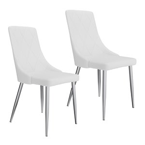 Pemberly Row Faux Leather and Metal Dining Chair Set of 2 White and Chrome