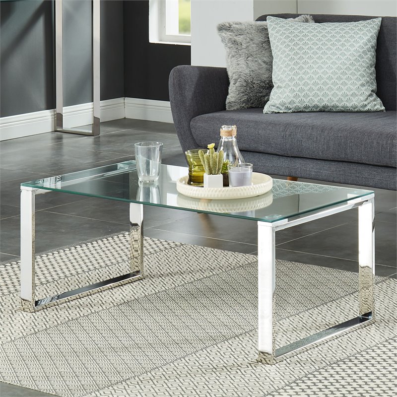 Pemberly Row Contemporary Stainless Steel and Glass Coffee Table Silver