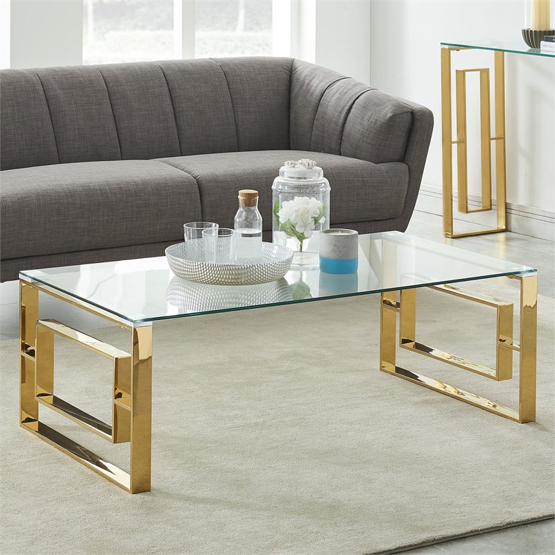 Pemberly Row Contemporary Stainless Steel/Glass Coffee Table in Gold/Clear