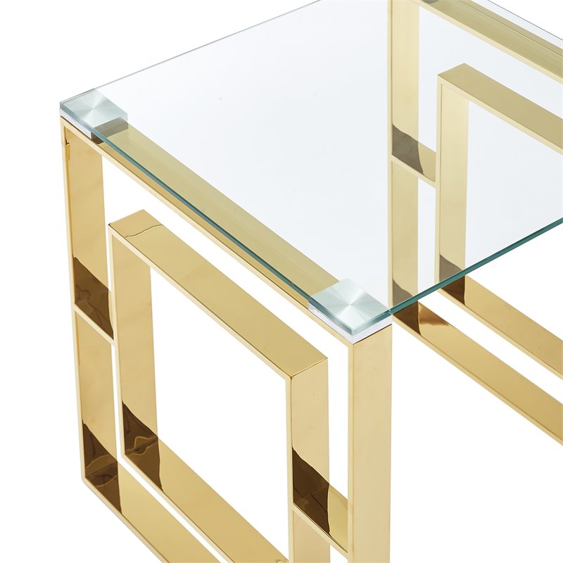 Pemberly Row Contemporary Stainless Steel/Glass Coffee Table in Gold/Clear
