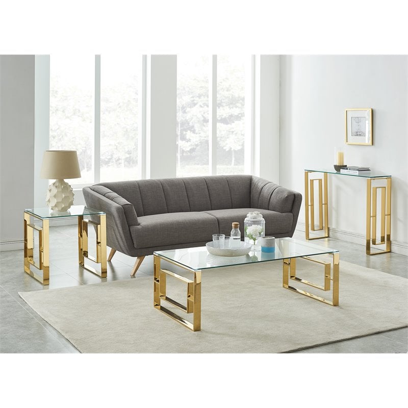 Pemberly Row Contemporary Stainless Steel/Glass Coffee Table in Gold/Clear