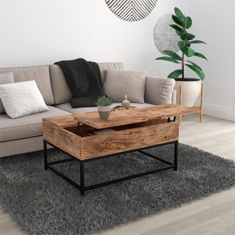 Pemberly Row Industrial Wood & Iron LiftTop Coffee Table Natural Burnt & Black