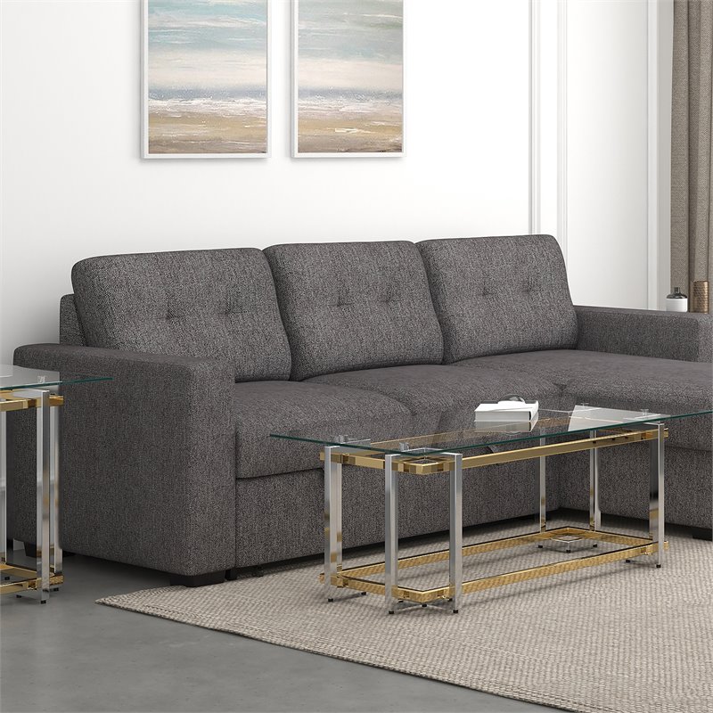 Pemberly Row Rectangular Contemporary Glass/Metal Coffee Table in Silver/Gold