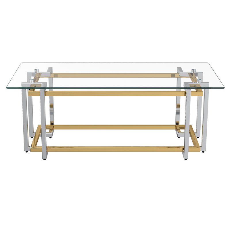 Pemberly Row Rectangular Contemporary Glass/Metal Coffee Table in Silver/Gold