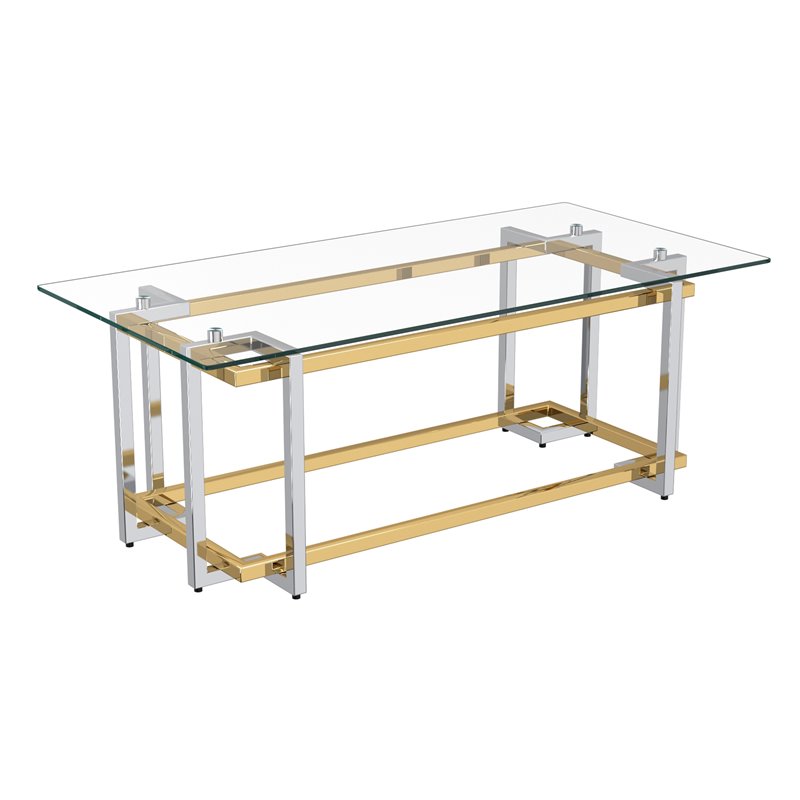 Pemberly Row Rectangular Contemporary Glass/Metal Coffee Table in Silver/Gold