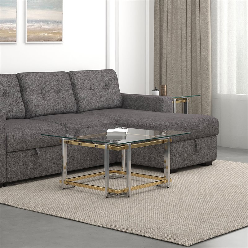 Pemberly Row Square Contemporary Glass/Metal Coffee Table in Silver/Gold