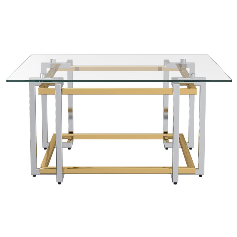 Pemberly Row Square Contemporary Glass/Metal Coffee Table in Silver/Gold