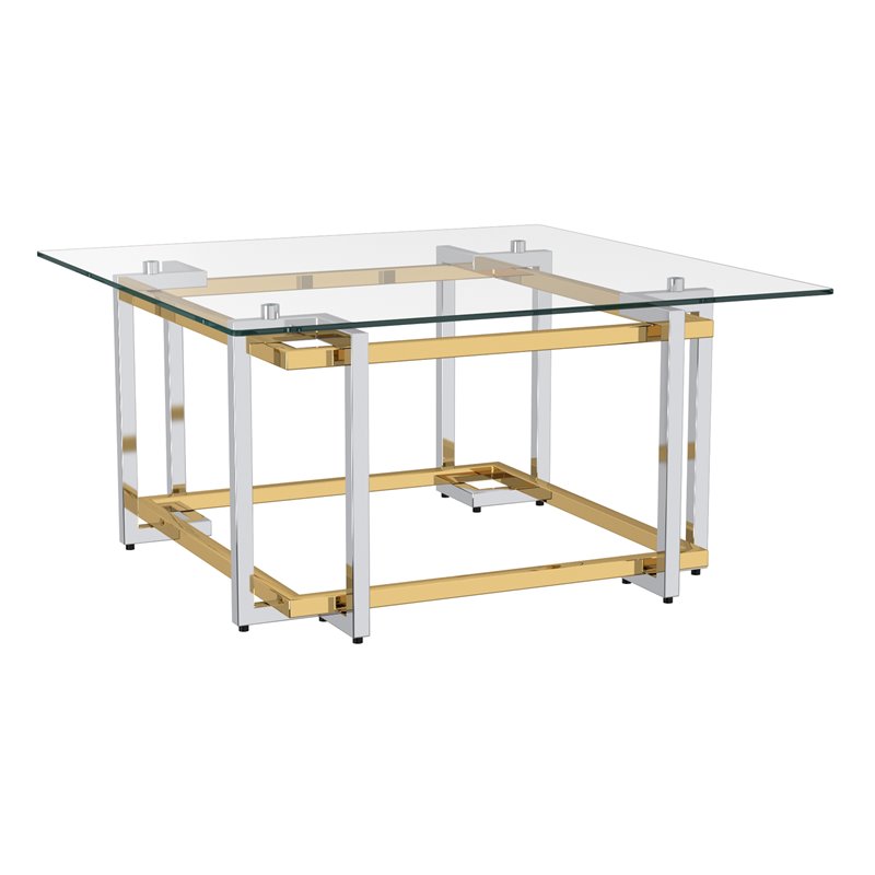 Pemberly Row Square Contemporary Glass/Metal Coffee Table in Silver/Gold