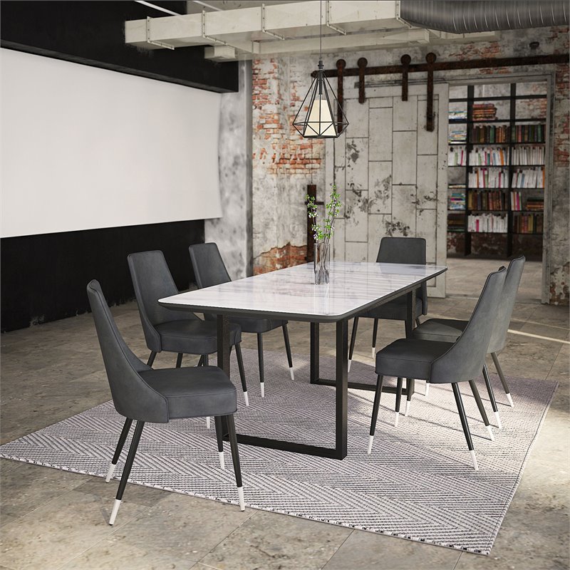 Pemberly Row Faux Leather and Metal Dining Chair Set of 2 Vintage Gray and Black