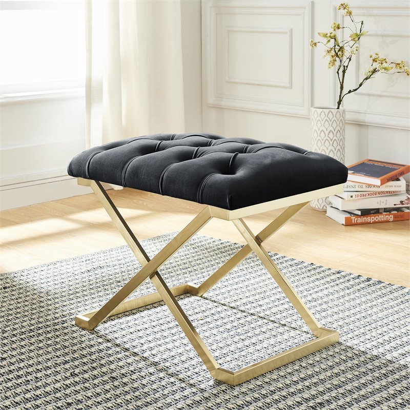 Pemberly Row Contemporary Velvet and Stainless Steel Bench Black and Gold