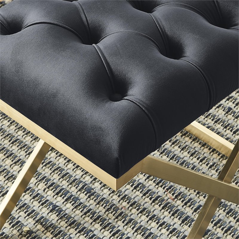 Pemberly Row Contemporary Velvet and Stainless Steel Bench Black and Gold