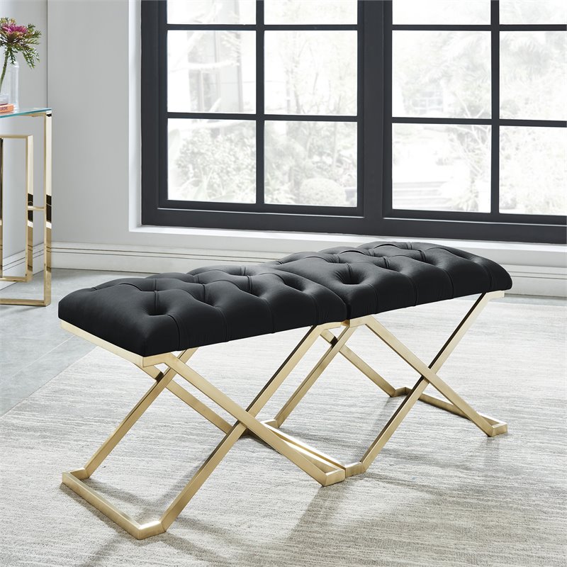 Pemberly Row Contemporary Velvet and Stainless Steel Bench Black and Gold