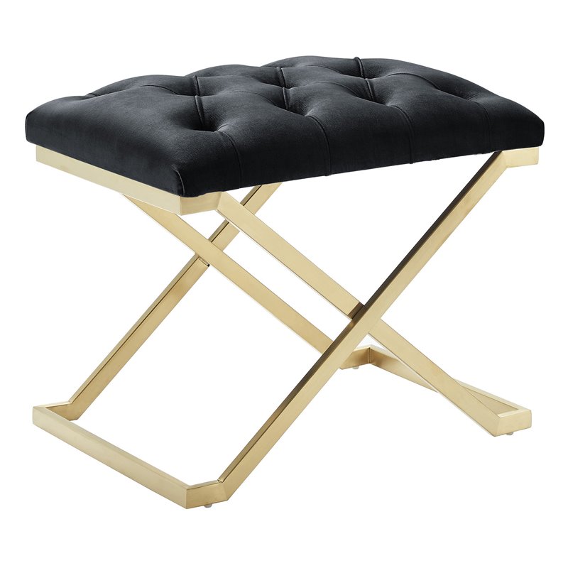 Pemberly Row Contemporary Velvet and Stainless Steel Bench Black and Gold