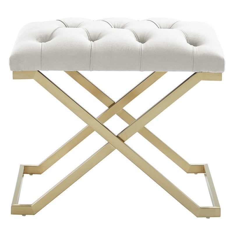 Pemberly Row Contemporary Velvet and Stainless Steel Bench Ivory and Gold