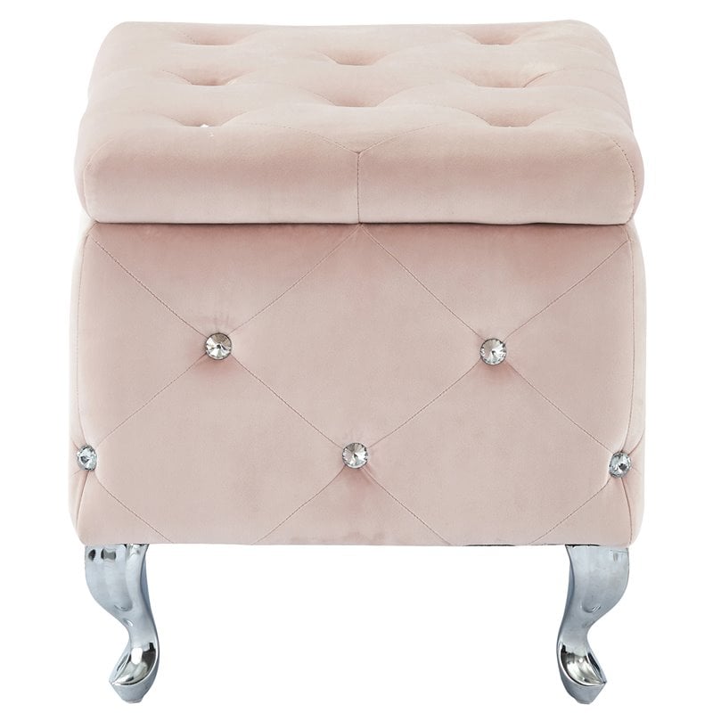 Pemberly Row Velvet and Metal Square Storage Ottoman Blush Pink and Chrome