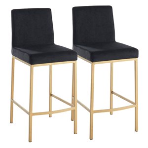 Pemberly Row Velvet and Metal 26&quot Counter Stool Set of 2 Black and Aged Gold Leg