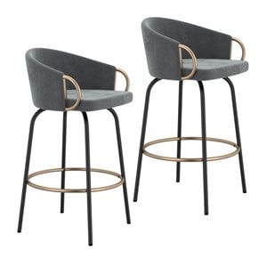 Pemberly Row Velvet and Metal 26&quot Counter Stool Set of 2 Gray and Black and Gold