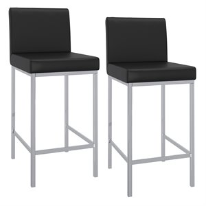 Pemberly Row Faux Leather and Metal 26&quot Counter Stool Set of 2 Black and Chrome