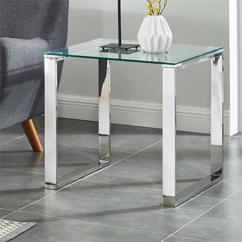 Pemberly Row Contemporary Stainless Steel and Glass Accent Table Silver
