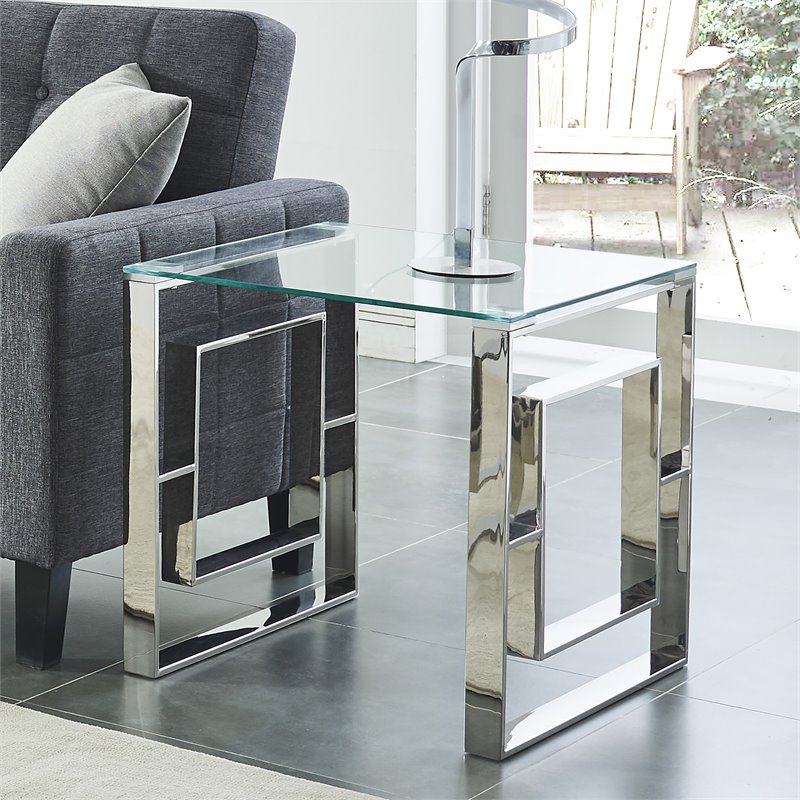 Pemberley Row Stainless Steel and Glass Silver Accent Table Square Contemporary 21.75