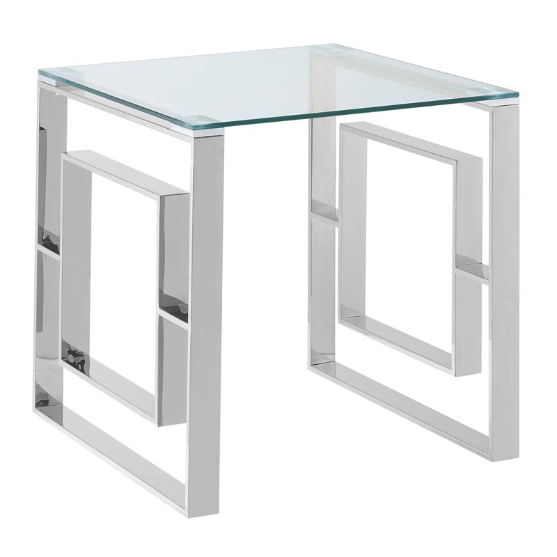 Pemberley Row Stainless Steel and Glass Silver Accent Table Square Contemporary 21.75