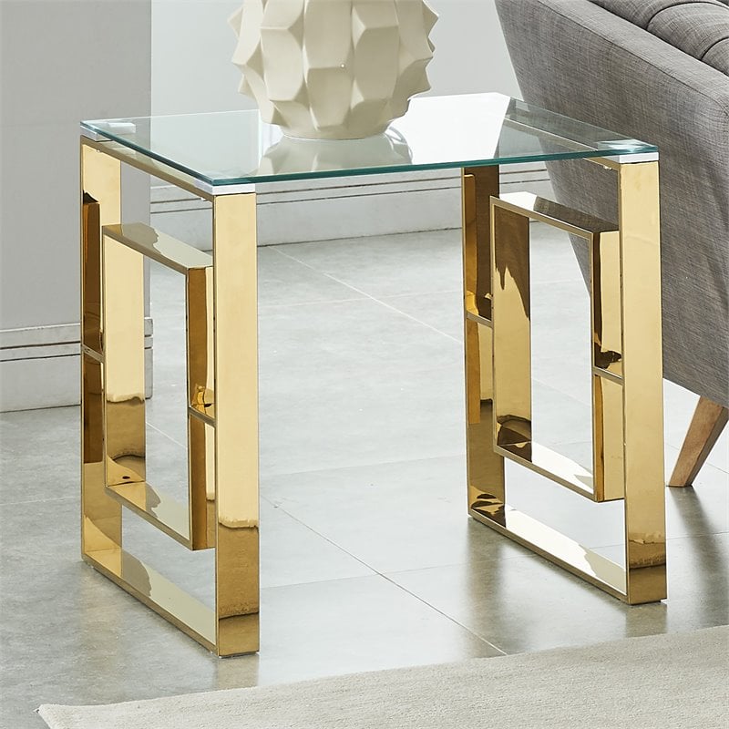 Pemberly Row Contemporary Stainless Steel/Glass Accent Table in Gold