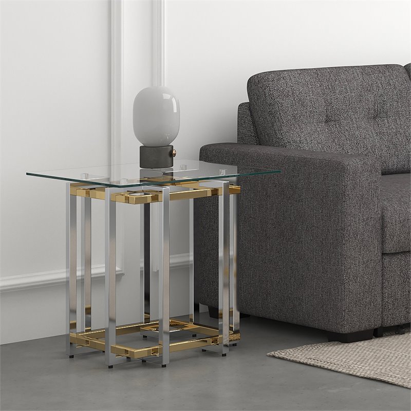 Pemberly Row Contemporary Metal/Glass Accent Table in Silver/Gold