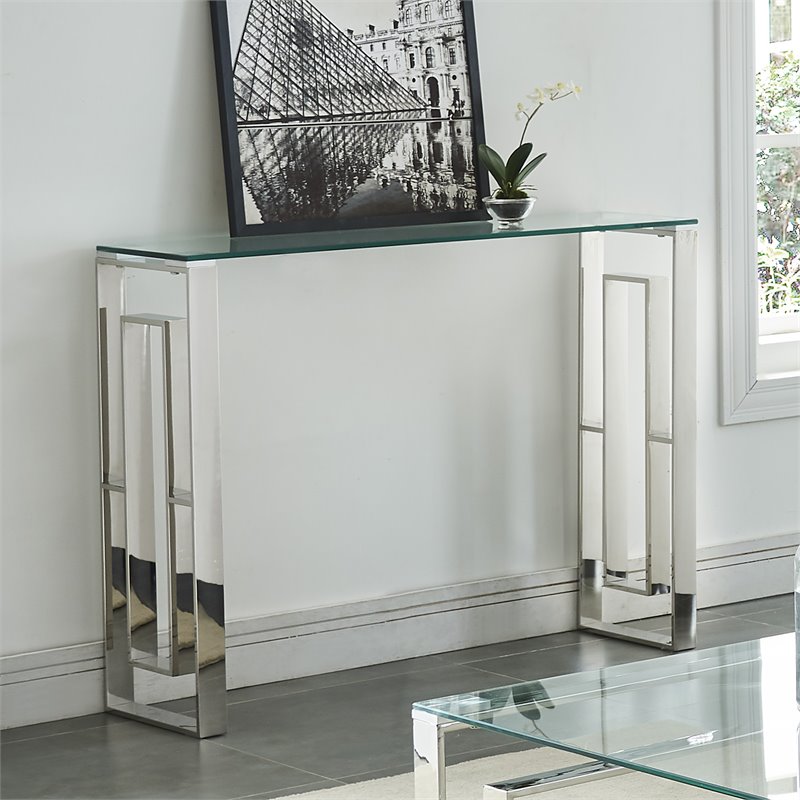 Pemberly Row Contemporary Stainless Steel and Glass ConsoleDesk Silver