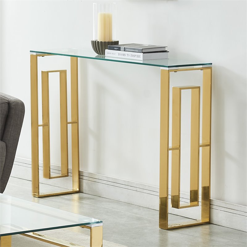 Pemberly Row Contemporary Stainless Steel and Glass ConsoleDesk Gold