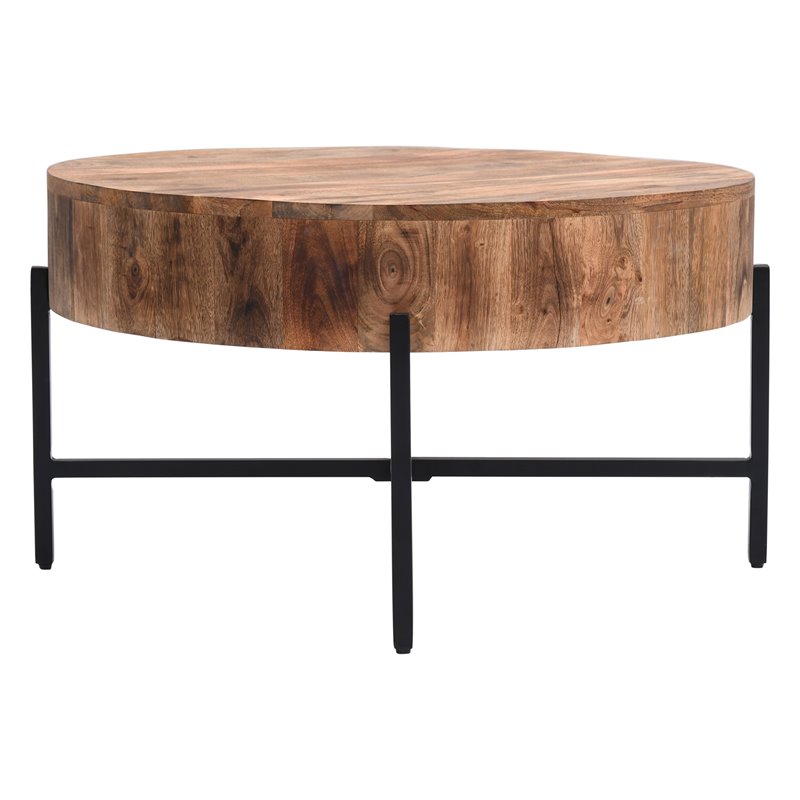 Pemberly Row Solid Wood and Iron Round Coffee Table Natural and Black