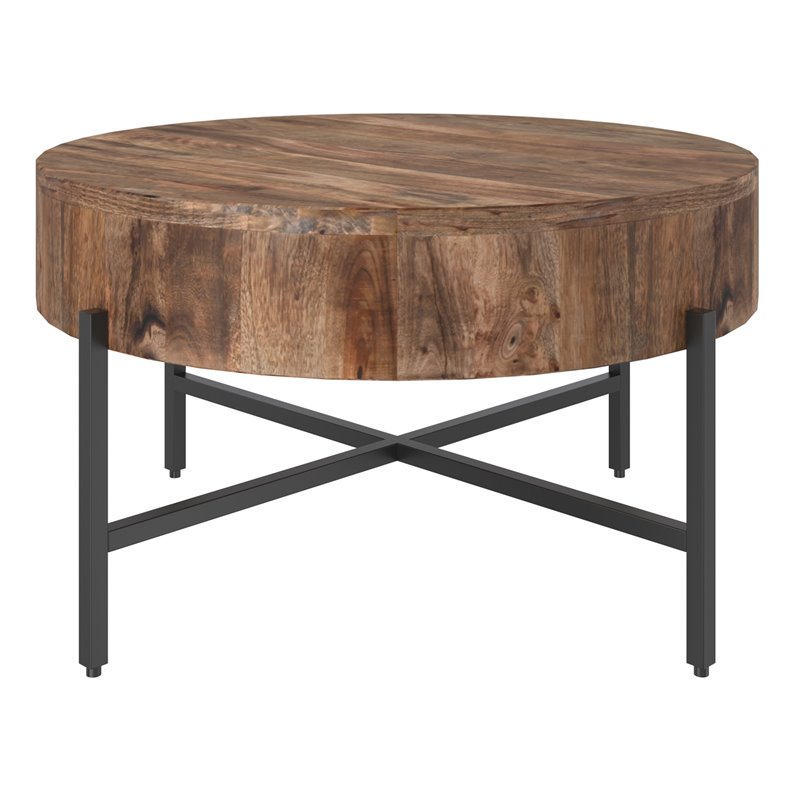 Pemberly Row Solid Wood and Iron Round Coffee Table Natural and Black