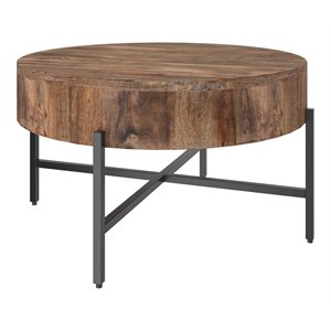 Pemberly Row Solid Wood and Iron Round Coffee Table Natural and Black