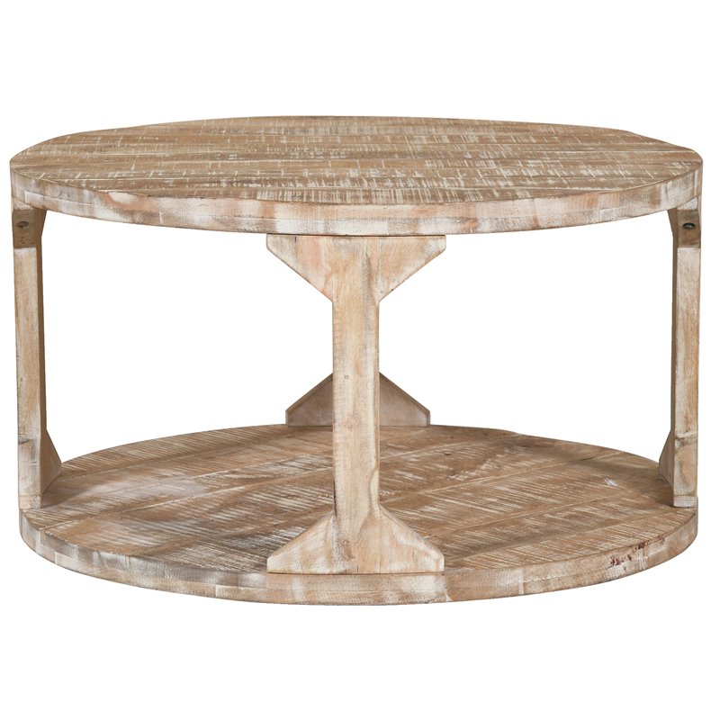 Pemberly Row Rustic Modern Solid Wood Round Coffee Table Distressed Natural